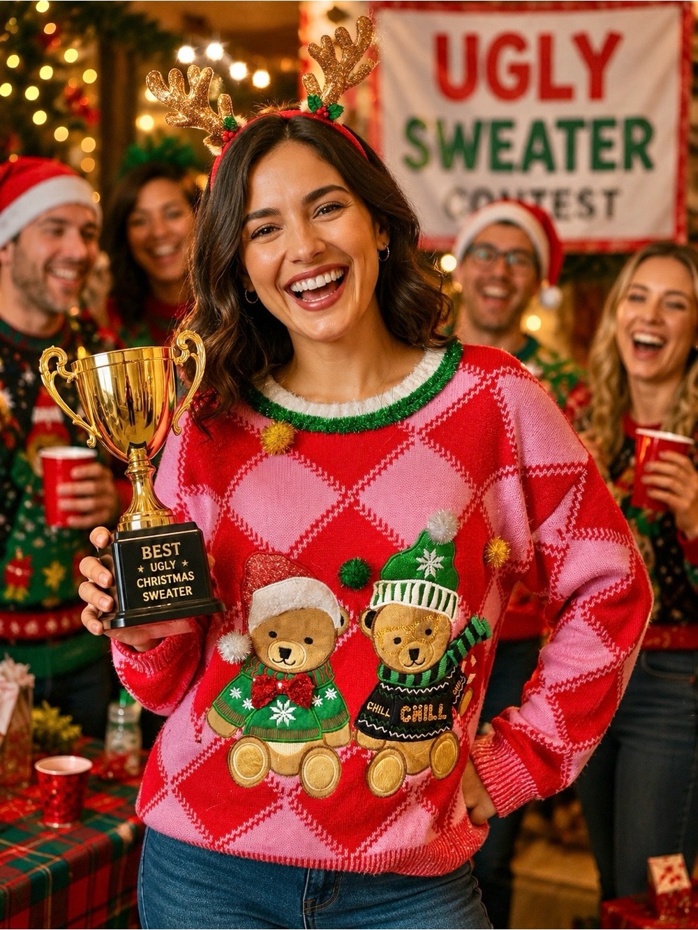 Ugly Christmas Sweater Funny Teddy Bears Women’s Sz M Festive Party Winner